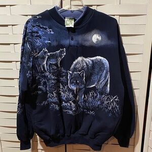 Vintage Art Unlimited Men's Blue Wolf Print Henley Sweatshirt Size XL